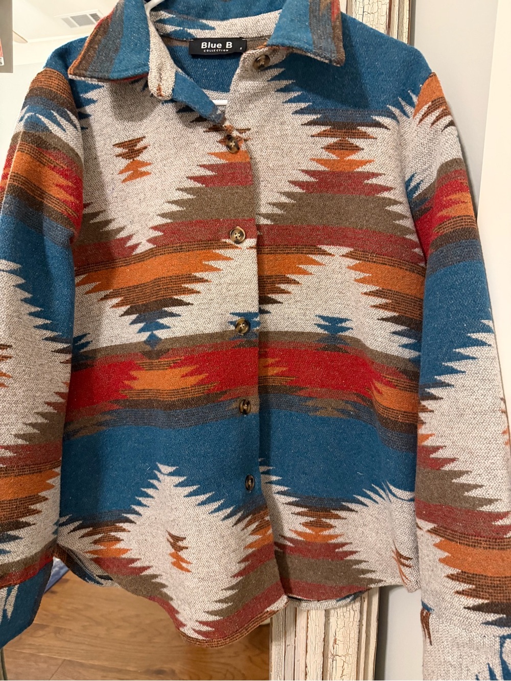 Aztec Print Button-Up Blazer Jacket - Teal, Red, Orange